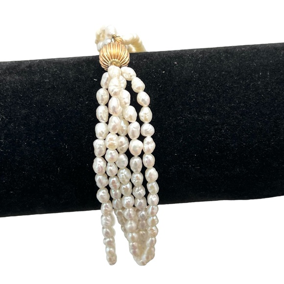 VINTAGE 8" LONG 5 STRAND RICE FRESHWATER PEARL WITH 14K BALL CLASP BRACELET - Picture 2 of 9
